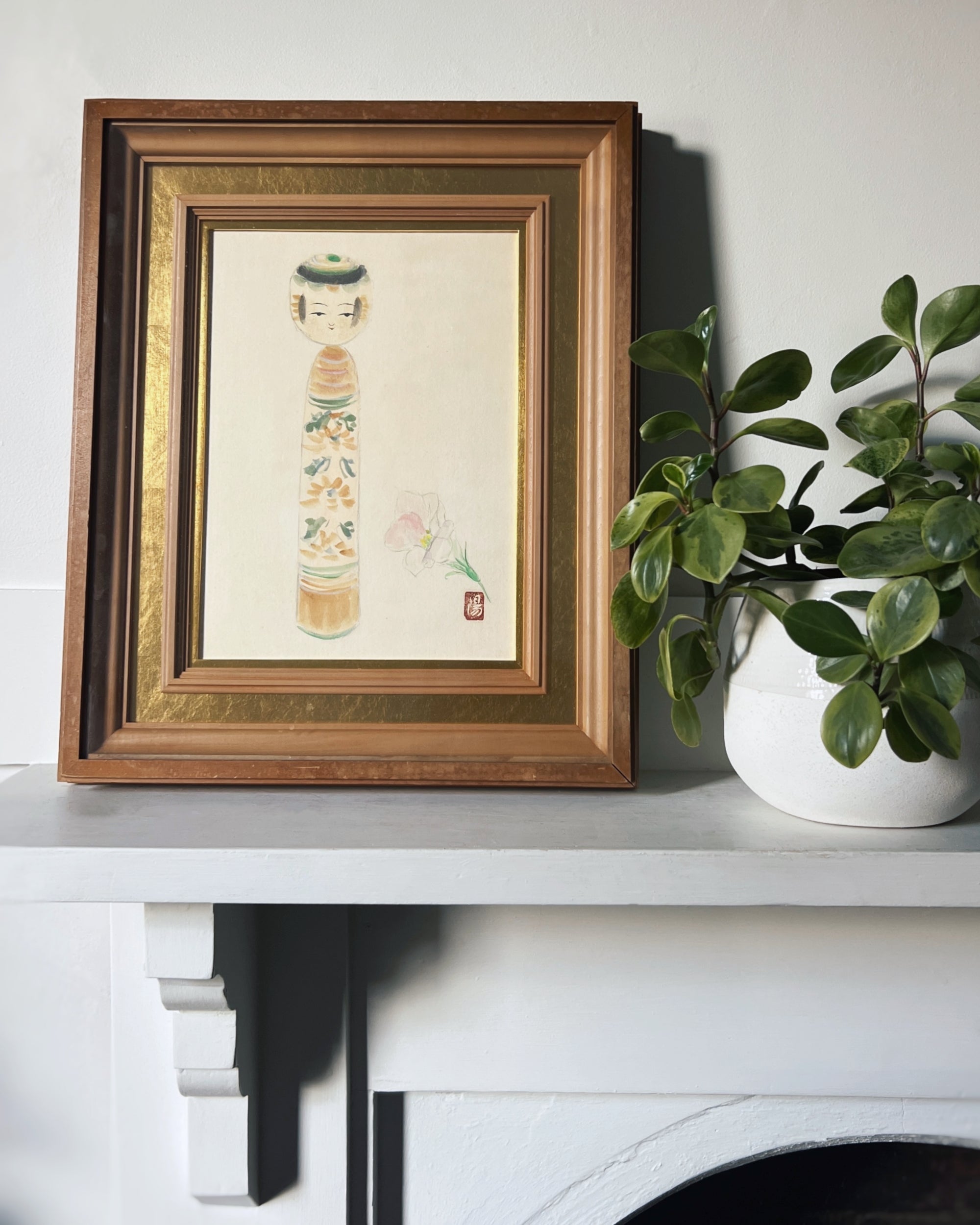 framed vintage kokeshi painting