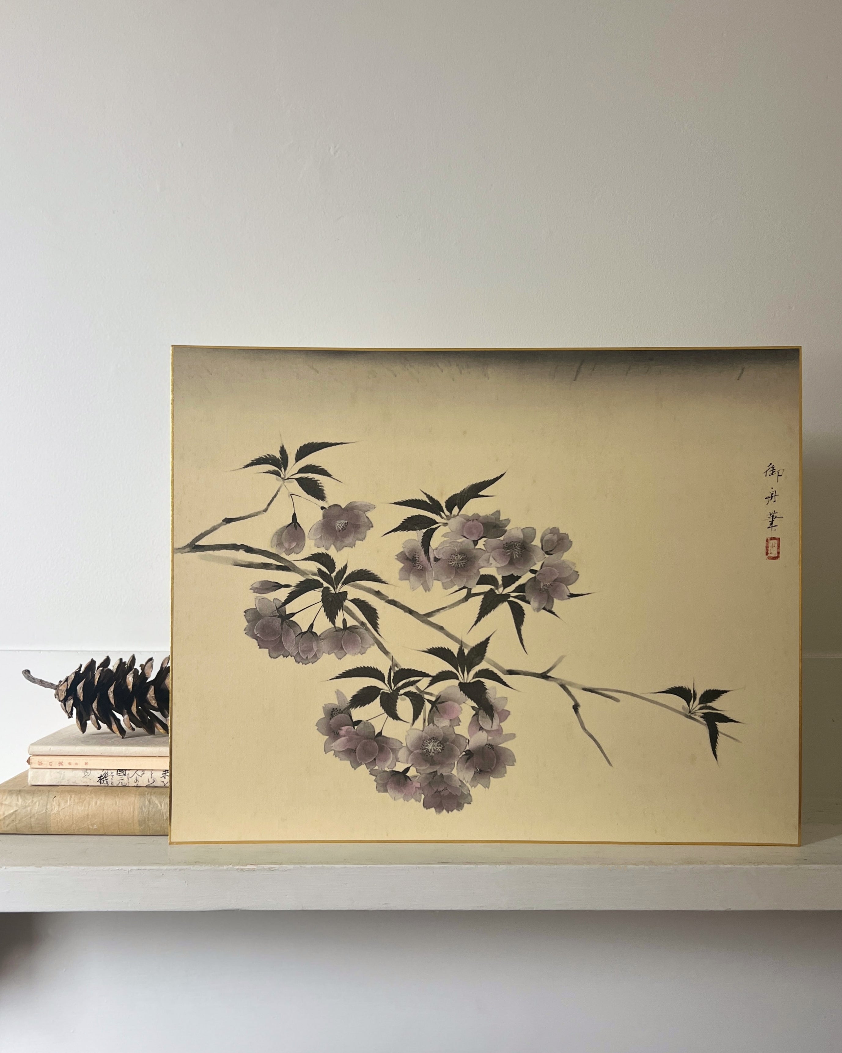 vintage japanese shikishi print : cherry blossoms at night