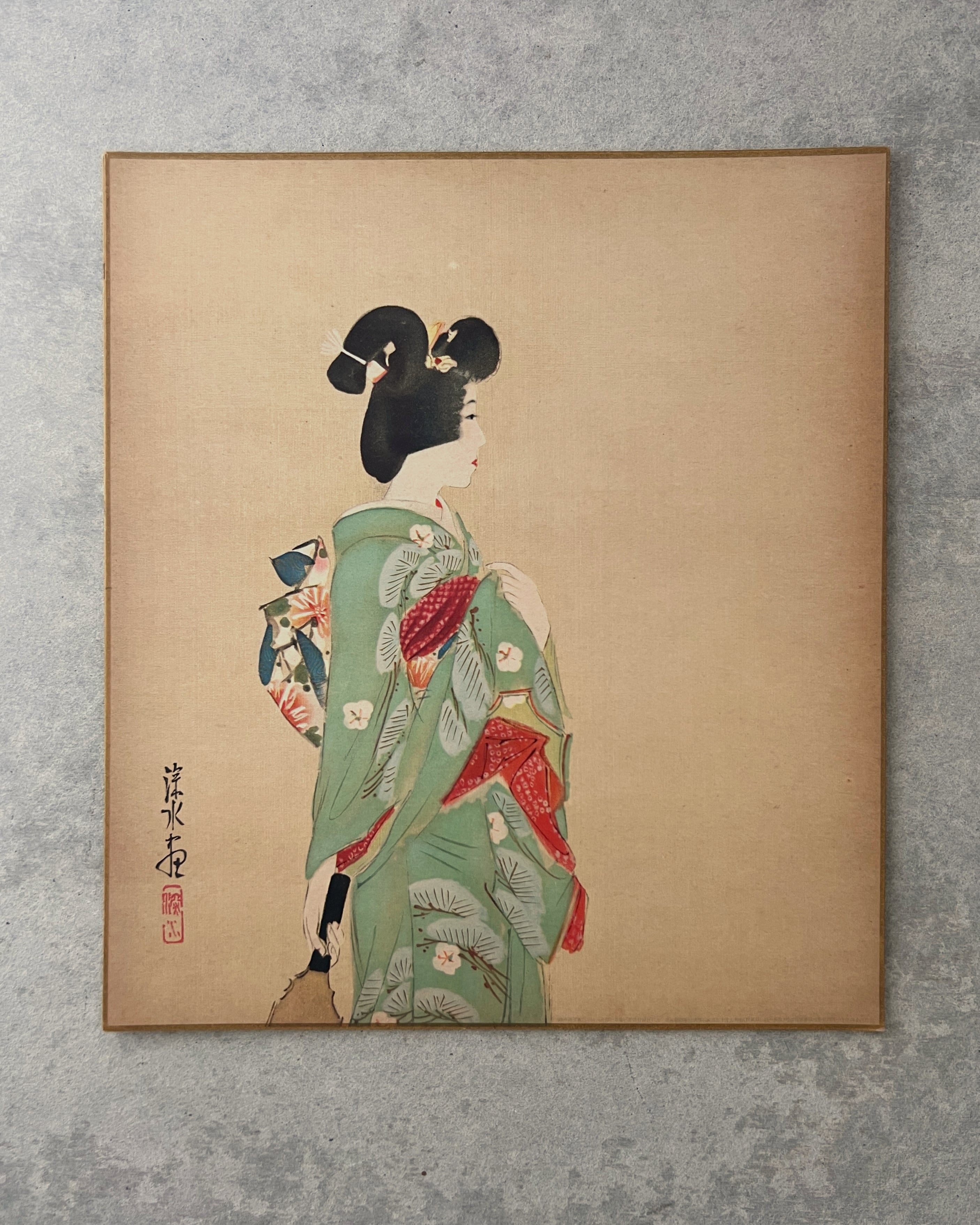 vintage shikishi print : green kimono